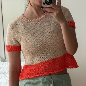 Cream and Coral Knit Short Sleeve Top